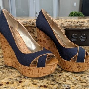 Jessica Simpson navy and cork wedges